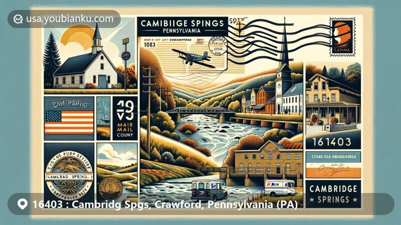 Modern illustration of Cambridge Springs, Pennsylvania, highlighting postal theme with ZIP code 16403, featuring French Creek, Crawford County charm, and vintage postcard elements.
