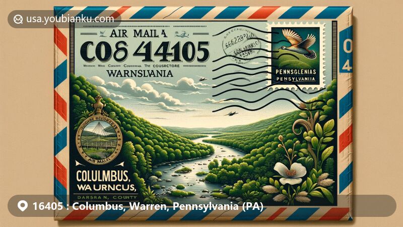 Modern illustration of Columbus, Warren County, Pennsylvania, with vintage airmail envelope featuring Allegheny River and reservoir landscape, Warren County map, and Pennsylvania state symbols.