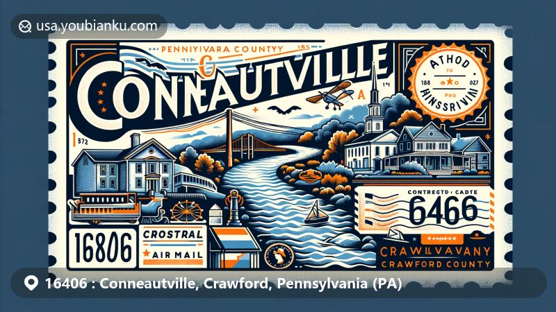 Modern illustration of Conneautville, Crawford County, Pennsylvania, showcasing postal theme with ZIP code 16406, featuring Conneaut Creek, historical references, Pennsylvania state flag, and vintage postcard elements.