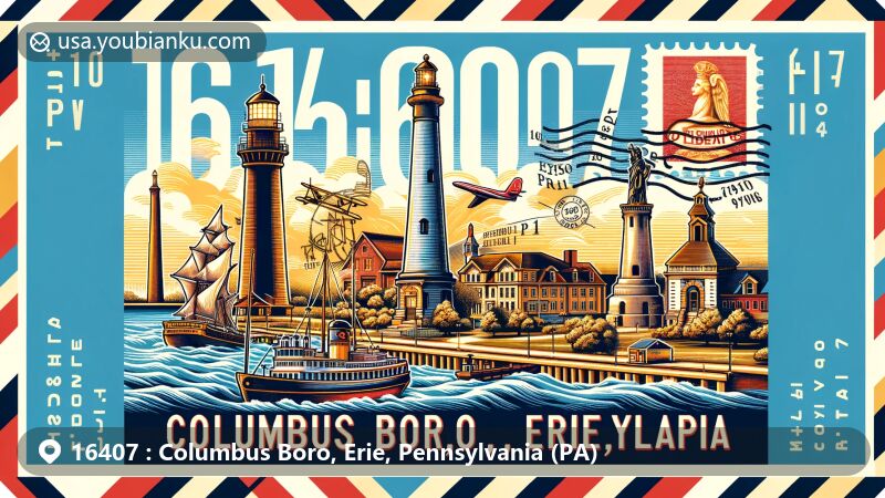 Modern illustration of Columbus Boro, Erie County, Pennsylvania, featuring Erie landmarks including the Maritime Museum, Presque Isle Lighthouse, Perry Monument, and Erie Land Lighthouse.