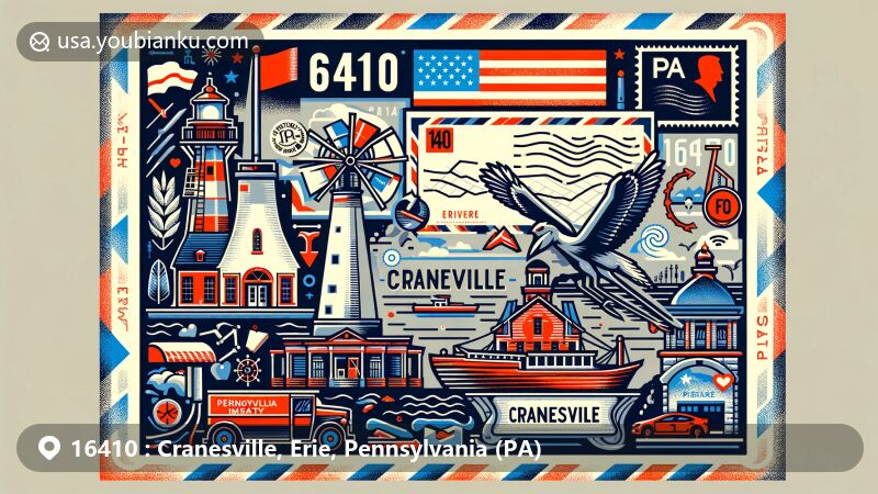 Modern illustration of Cranesville, Erie County, Pennsylvania, with ZIP code 16410, showcasing local and postal themes featuring Pennsylvania state flag, Erie County outline, Erie Maritime Museum, Perry Monument, and Erie Land Lighthouse, along with postal elements like stamps, postmark, and postal vehicles.