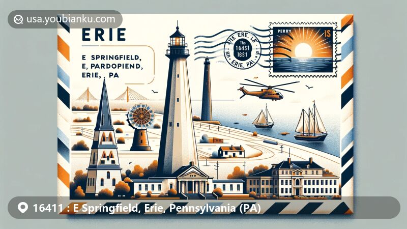 Modern illustration of Erie Maritime Museum, Perry Monument, and Erie Land Lighthouse in the form of an airmail envelope, featuring address '16411, E Springfield, Erie, PA'. Stamp depicts Erie Land Lighthouse, postmark reads 'Erie, PA', combining regional and postal elements in a contemporary art style, ideal for web graphics to showcase the rich history and cultural value of the area.