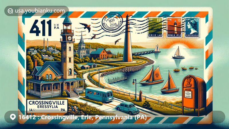 Modern illustration of Crossingville, Erie, Pennsylvania, featuring Erie's landmarks like Erie Maritime Museum, Perry Monument, and lighthouses, set against the backdrop of Presque Isle State Park.