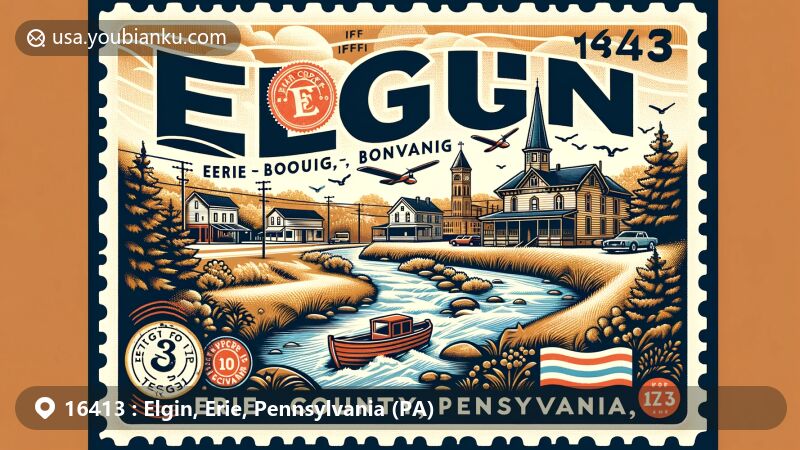 Modern illustration of Elgin, Erie County, Pennsylvania, with postal theme featuring ZIP code 16413, showcasing Beaver Creek and the oldest borough building in the county.