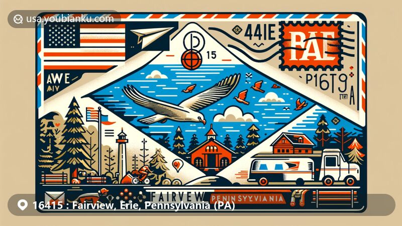Modern illustration of Fairview, Pennsylvania, featuring airmail envelope with Lake Erie outline and symbols for hiking and nature park. Includes Pennsylvania state flag, postmark, '16415,' and 'Fairview, PA.' Creative elements like flying pigeons and postal van symbolize postal services and community connection to nature.