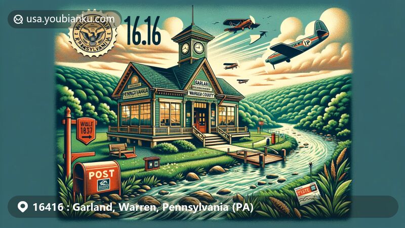 Modern illustration of Garland, Warren County, Pennsylvania, featuring postal theme with ZIP code 16416, showcasing Allegheny River, vintage post office, and contemporary postal elements.