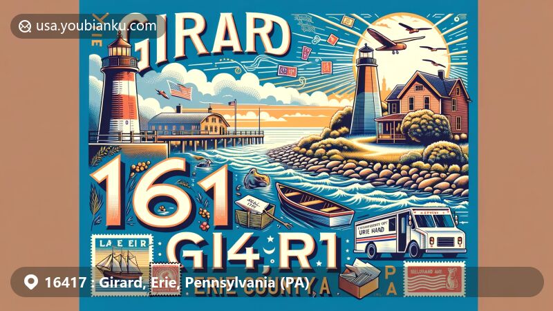 Modern illustration of ZIP Code 16417, Girard, Erie County, Pennsylvania, blending natural beauty, landmarks, and postal theme elements like Elk Creek, Lake Erie, Erie Land Lighthouse, vintage air mail envelope, and postal truck.