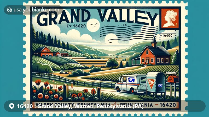 Modern illustration of Grand Valley, Warren County, Pennsylvania, featuring rural landscapes with lush greenery and rolling hills, styled in a vintage postcard format with postal elements and the ZIP code 16420.