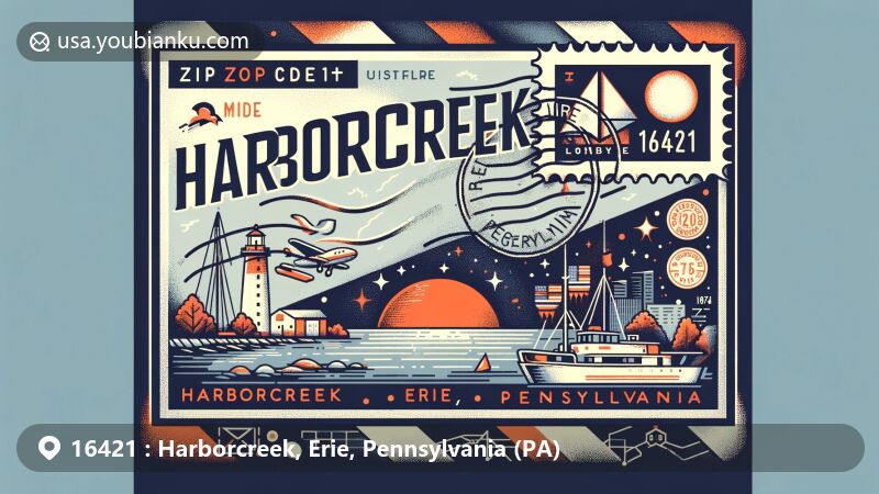 Modern illustration of Harborcreek, Erie County, Pennsylvania, with postal theme and vintage air mail envelope featuring ZIP code 16421, names 'Harborcreek,' 'Erie,' and 'Pennsylvania,' regional symbols, and geographical references.