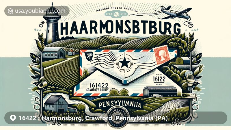 Modern illustration of Harmonsburg, Pennsylvania, showcasing lush farmland and postal theme with ZIP code 16422, featuring air mail envelope with stamp and postal mark.