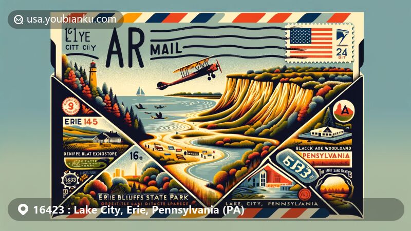 Modern illustration of Lake City, Erie, Pennsylvania, showcasing Erie Bluffs State Park with 90-foot bluffs, diverse ecosystems, and wildlife, in an air mail envelope concept featuring postal elements and ZIP Code 16423.
