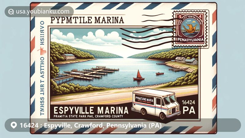 Modern illustration of Espyville Marina, Pymatuning State Park, Crawford County, Pennsylvania, featuring Pymatuning Reservoir with a postal envelope opening to reveal serene lake view, adorned with Pennsylvania state flag stamp and postal mark.