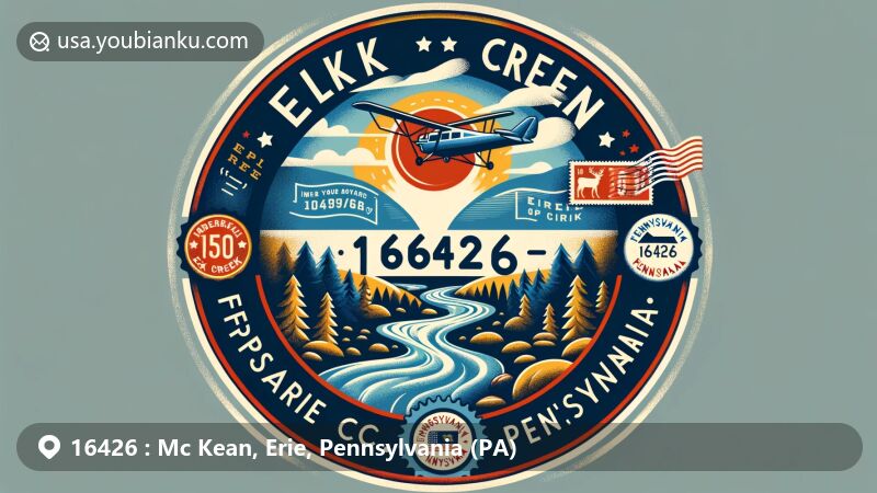 Modern illustration of McKean, Erie County, Pennsylvania, featuring Elk Creek and airmail envelope with ZIP code 16426 and Pennsylvania state symbols.