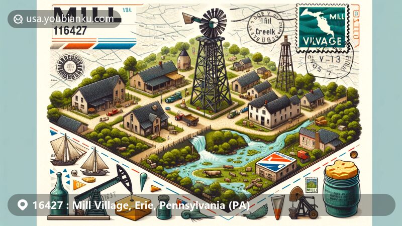 Modern illustration of Mill Village, Erie County, Pennsylvania, showcasing rural scenery, historical architecture, and postal elements, featuring airmail envelope with stamps of Mill Run creek, French Creek, and 19th-century oil derrick.