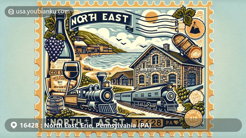 Modern illustration of North East, Pennsylvania, showcasing postal theme with ZIP code 16428, featuring South Shore Wine Company in historic stone wine cavern, Lake Shore Railway Museum, and elements representing wine culture and railway history.