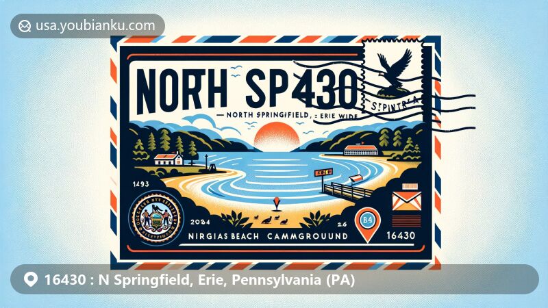 Modern illustration of N Springfield, Erie, Pennsylvania, showcasing postal theme with ZIP code 16430, featuring Virginia's Beach Campground and Pennsylvania state symbols.