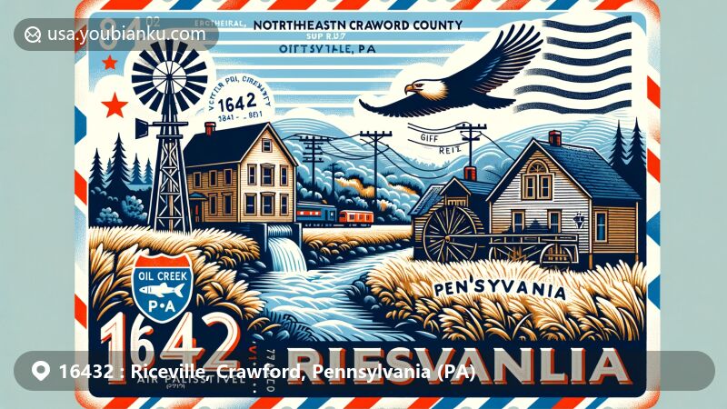 Modern illustration of Riceville, Crawford County, Pennsylvania, capturing the essence of postal theme with ZIP code 16432, featuring Oil Creek, Grist Mill, Westgate-Bruner House, and Pennsylvania state symbols.