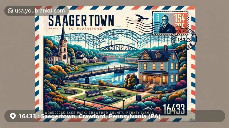 Modern illustration of Saegertown, Crawford County, Pennsylvania, highlighting Woodcock Lake Park, Edward Saeger House, and Pennsylvania state flag, within a postal-themed envelope with ZIP code 16433 and vintage stamp featuring Lighted South Street Bridge.
