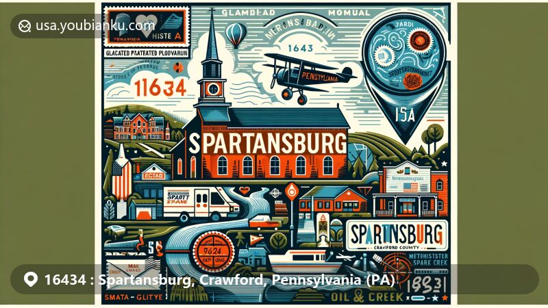 Modern illustration of Spartansburg, Pennsylvania, showcasing postal theme with ZIP code 16434, featuring small-town charm, glaciated plateau, and East Branch Oil Creek.