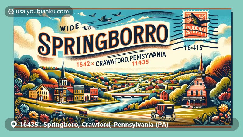 Creative illustration of Springboro, Crawford County, Pennsylvania, capturing small-town charm with Conneaut Creek and rolling landscape, featuring historical buildings and postal elements.