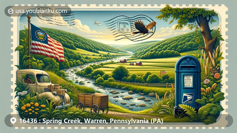 Modern illustration of Spring Creek area, Warren County, Pennsylvania, blending natural scenery and postal elements, featuring lush greenery, vintage mailbox, retro airmail envelope frame, and Pennsylvania state flag.