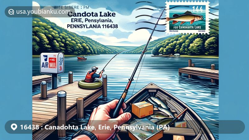 Modern illustration of Canadohta Lake, Erie County, Pennsylvania, showcasing natural beauty, recreational activities, and postal features, emphasizing fishing and boating. Includes imagery of postcard or air mail envelope with stamp featuring the lake and ZIP Code 16438.