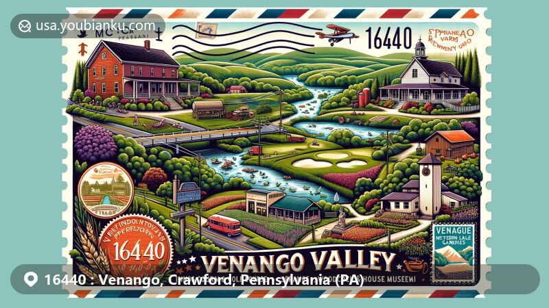 Modern illustration of Venango and Crawford, Pennsylvania, showcasing postal theme with ZIP code 16440, featuring Venango Valley Inn, Sprague Farm & Brew Works, Campbell Pottery, Woodcock Lake Park, Serenity Gardens, Meadville Market House, and Mount Hope: The Baldwin-Reynolds House Museum.