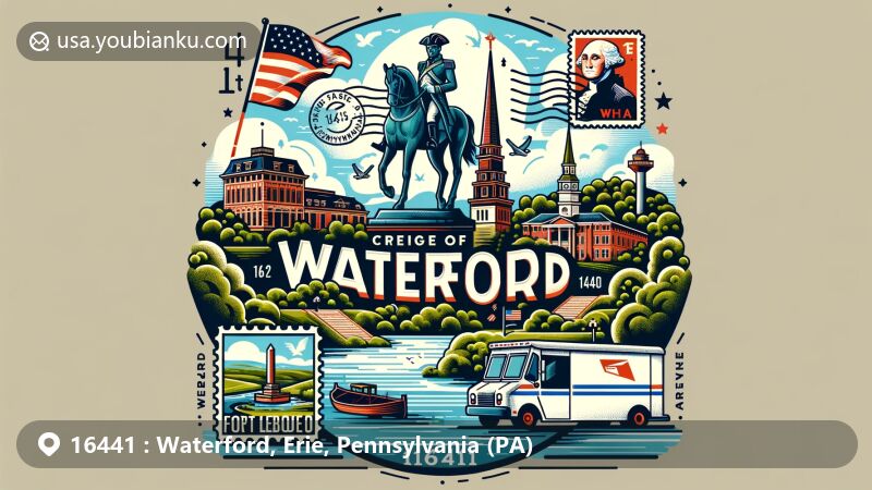 Modern illustration of Waterford, Erie, Pennsylvania, highlighting ZIP code 16441, featuring Fort LeBoeuf Museum, George Washington statue, Lake LeBoeuf, and lush Pennsylvania landscapes.