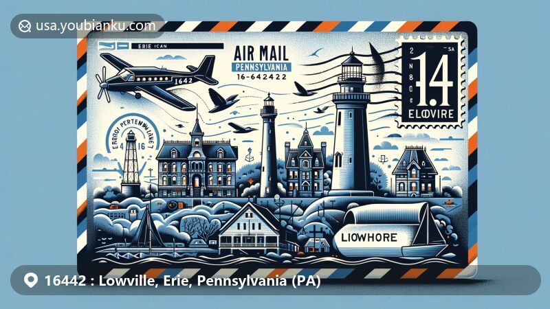 Modern illustration of Lowville, Erie County, Pennsylvania, featuring air mail envelope design with Erie's iconic landmarks, showcasing Erie Maritime Museum, Perry Monument, Watson-Curtze Mansion, and Erie Land Lighthouse.