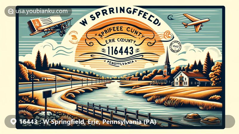Modern illustration of W Springfield, Erie County, Pennsylvania, highlighting ZIP code 16443. Featuring serene landscape, proximity to Lake Erie, and historical connection to Erie Canal.