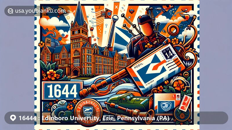 Modern illustration of Edinboro University in Erie, Pennsylvania, with postal theme for ZIP code 16444, featuring Scottish heritage elements like bagpipes, kilts, and Highland Games & Scottish Festival motifs.