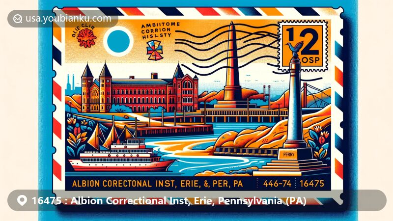 Modern illustration of Albion Correctional Inst in Erie County, Pennsylvania, showcasing Erie Maritime Museum and Perry Monument, symbolizing the county's maritime heritage and historical significance, with a creative postal theme and ZIP code 16475.