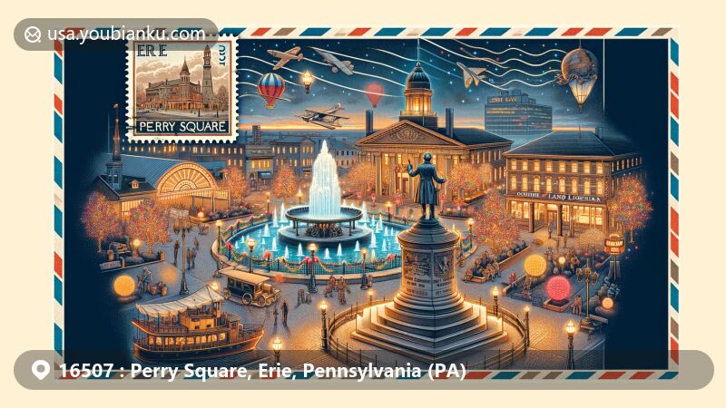 Modern illustration of Perry Square in Erie, Pennsylvania, showcasing iconic fountain, gazebo, Commodore Oliver Hazard Perry statue, holiday decorations, Erie Maritime Museum, US Brig Niagara, Erie Land Lighthouse, vintage air mail envelope theme with stamps and postmark 'Erie, PA 16507'.