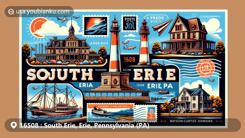 Modern illustration of South Erie, Erie, Pennsylvania, featuring ZIP code 16508 and landmarks like Erie Maritime Museum, Perry Monument, Watson-Curtze Mansion, and Erie Land Lighthouse.