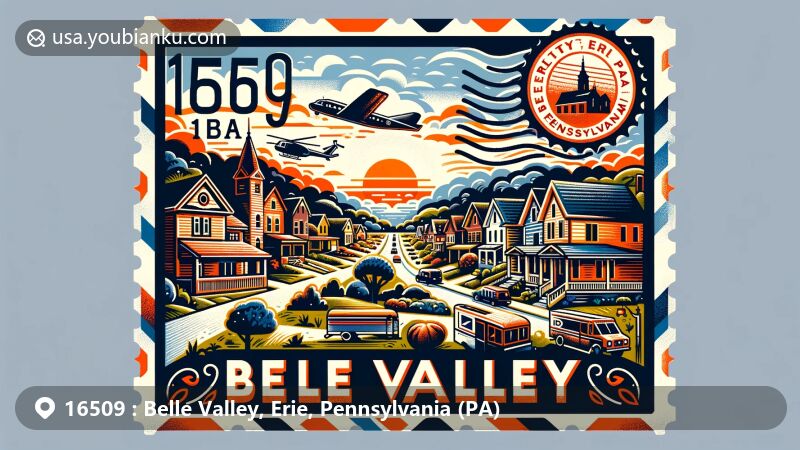 Modern illustration of Belle Valley, Erie, Pennsylvania, showcasing postal theme with ZIP code 16509, featuring diverse community, socioeconomic status, and characteristic housing styles.