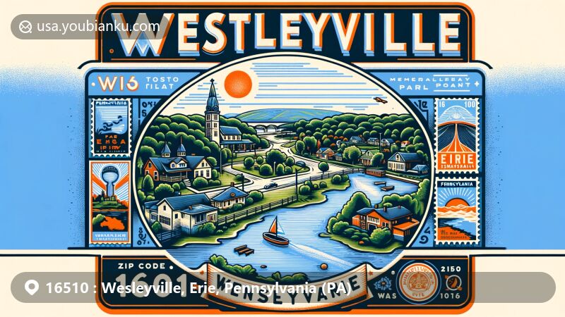 Modern illustration of Wesleyville, Erie County, Pennsylvania, with a postal theme highlighting ZIP code 16510, showcasing local geography and landmarks like Hinkler Park and Wesleyville Memorial Park.