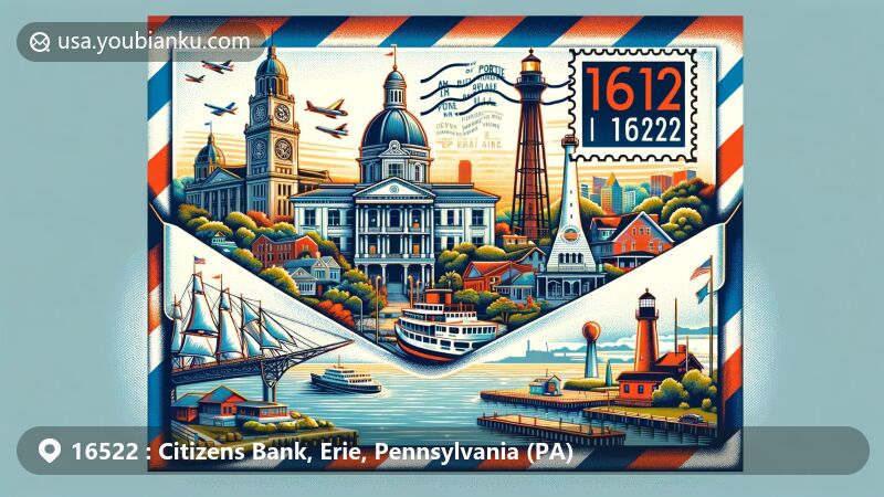 Modern illustration featuring ZIP code 16522, Citizens Bank area in Erie, Pennsylvania, showcasing airmail envelope with city landmarks like Port Erie Bicentennial Tower, Presque Isle Lighthouse, Perry Monument, and downtown Erie.