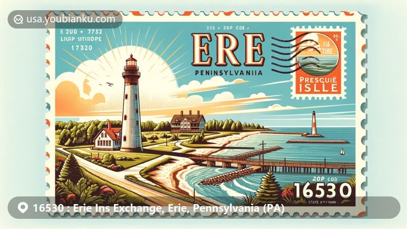 Modern illustration of Erie, Pennsylvania, highlighting iconic landmarks like Erie Land Lighthouse and Presque Isle State Park, incorporating postal theme with ZIP code 16530, showcasing maritime history and natural beauty.