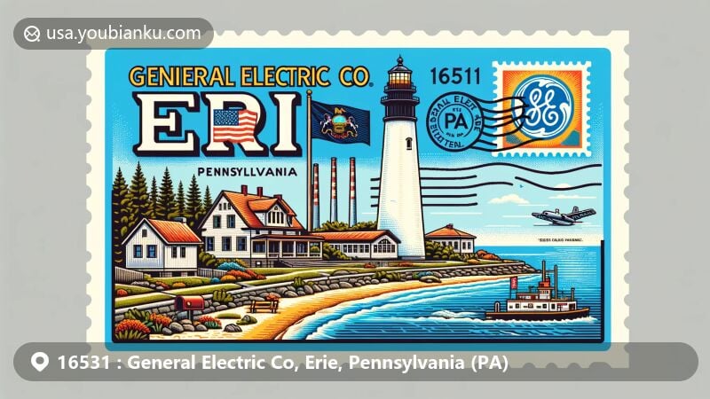 Modern illustration of Erie, Pennsylvania, highlighting ZIP code 16531 with iconic landmarks like Presque Isle State Park and the lakeside lighthouse, incorporating Pennsylvania state flag and General Electric symbols.