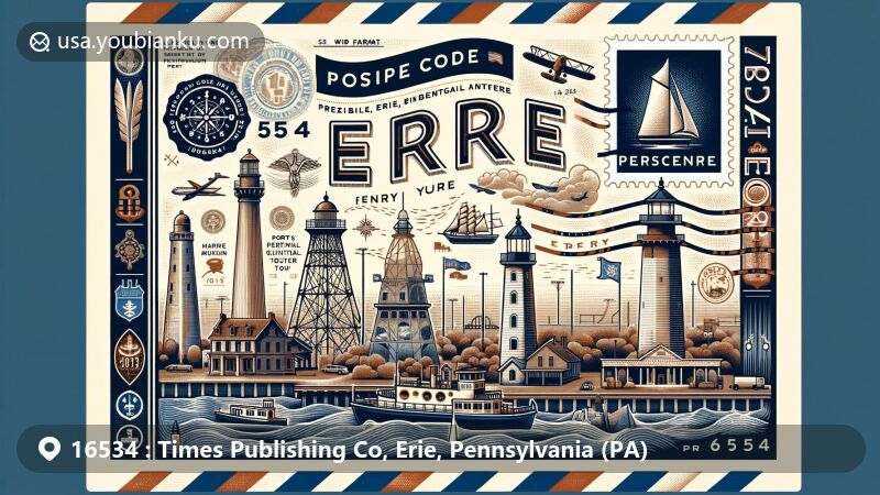 Modern illustration of Times Publishing Co area in Erie, Pennsylvania, highlighting postal theme with ZIP code 16534, featuring Erie Maritime Museum, Presque Isle Lighthouse, Port Erie Bicentennial Tower, Perry Monument, Charles Vernon Gridley Monument, Erie Harbor North Pier Light, and symbolic maritime elements.