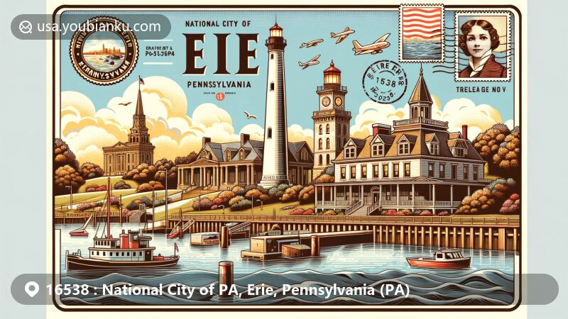 Modern illustration of National City of PA, Erie, Pennsylvania, featuring landmarks like Erie Maritime Museum, Perry Monument, Erie Land Lighthouse, and Watson-Curtze Mansion in a vintage postcard design, blending historical and modern elements.