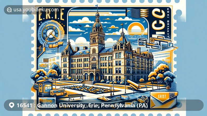 Modern illustration of Gannon University, Erie, Pennsylvania, capturing the essence of education and community. Featuring Old Main building, co-educational environment, sports, arts, sciences, and postal motifs like ZIP code 16541.