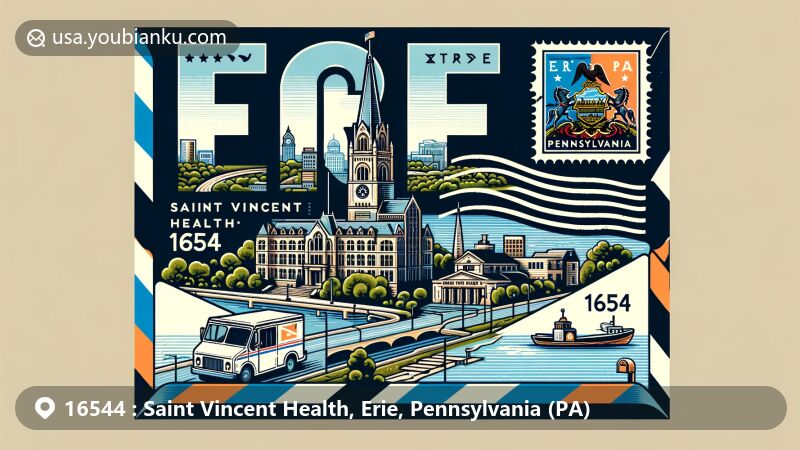 Modern illustration of Erie, Pennsylvania, featuring airmail envelope with ZIP code 16544, showcasing state flag and seal, with mailbox and mail van symbolizing postal service.