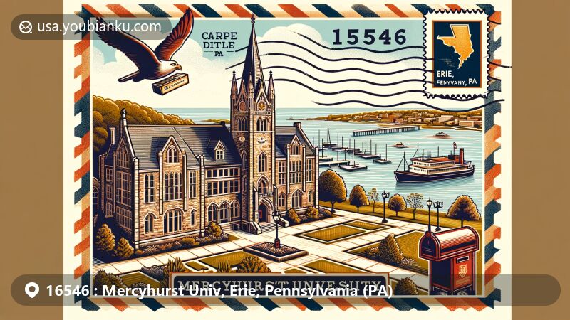 Modern illustration of Mercyhurst University in Erie, Pennsylvania, showcasing English Gothic architecture on a hill overlooking Lake Erie, featuring Taylor Little Theatre and postal elements with ZIP code 16546.