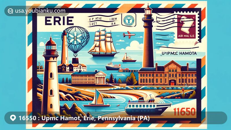 Modern illustration of Erie, Pennsylvania area showcasing postal theme with key landmarks like Erie Maritime Museum, Perry Monument, and Presque Isle Lighthouse, featuring vintage postcard elements and ZIP Code 16550.