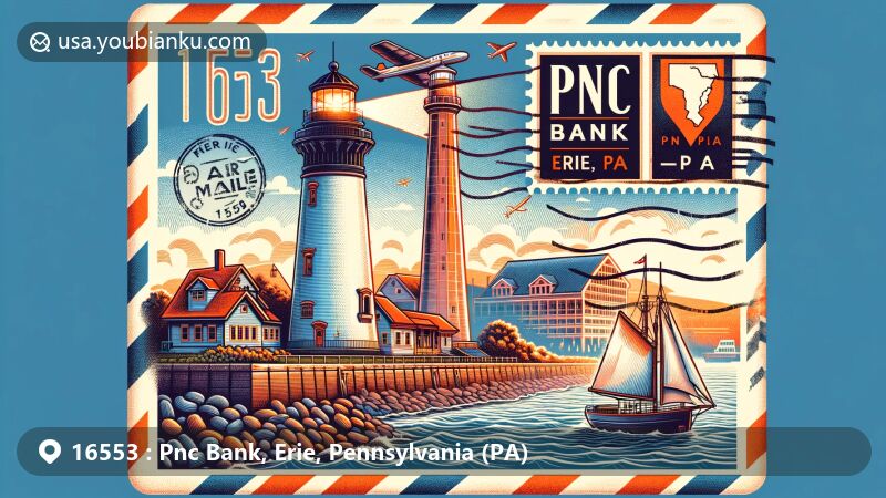 Modern illustration of Presque Isle Lighthouse and Port Erie Bicentennial Tower, Erie, Pennsylvania, set within a vintage air mail envelope with postal elements and marked with ZIP code 16553.