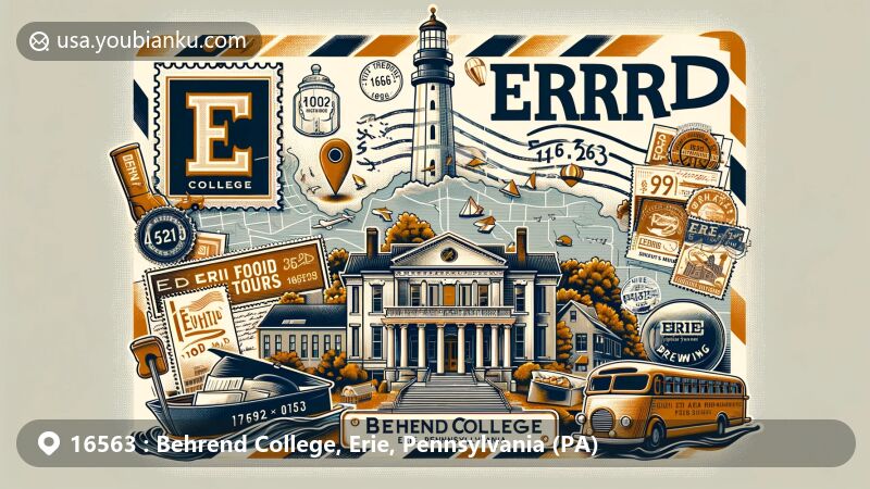 Modern illustration of Behrend College in Erie, Pennsylvania, featuring Erie attractions like the Maritime Museum, Food Tours, and Erie Brewing Company, with postal elements and ZIP code 16563 postmark.