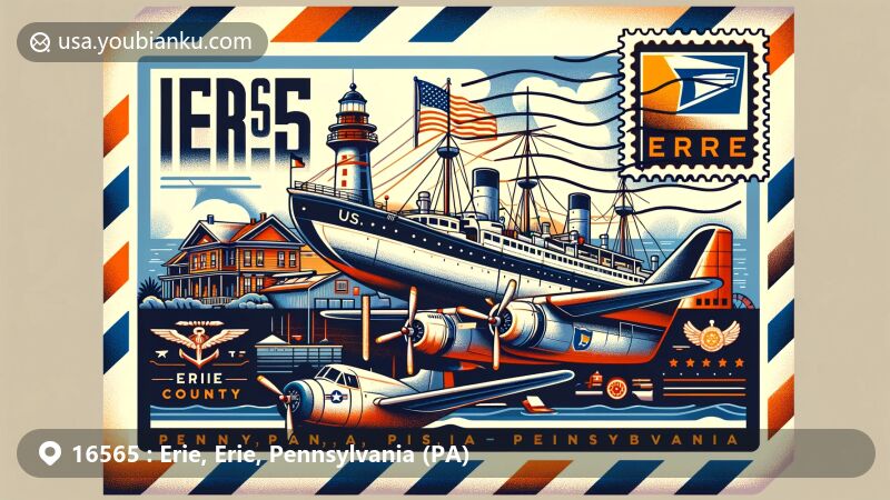 Creative illustration capturing ZIP Code 16565, Erie, Erie County, Pennsylvania, featuring Erie Maritime Museum, US Brig Niagara, Erie Land Lighthouse, and Pennsylvania state flag.