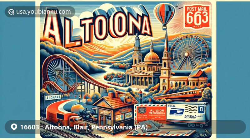Modern illustration of Altoona, Blair County, Pennsylvania, highlighting postal theme with ZIP code 16603, featuring iconic landmarks like Horseshoe Curve, Railroaders Memorial Museum, Mishler Theatre, and Cathedral of the Blessed Sacrament.