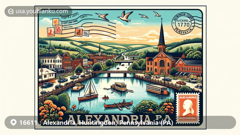 Modern illustration of Alexandria, Huntingdon County, Pennsylvania, with postal theme and Juniata River, showcasing small-town charm and historical landmarks.
